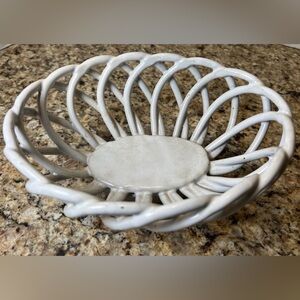 White Oval Woven Latticed Ceramic Fruit - Bread Basket  Bowl 9" long Open Weave